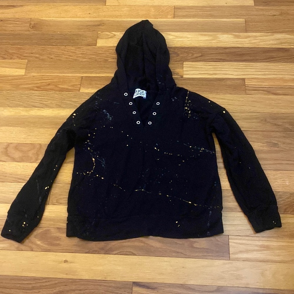 Rock Candy Girl’s Black Hoodie With White and Gold Splatter Size L